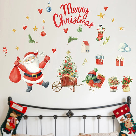 Merry Christmas Red Santa Claus Gift Box Flower Wall Stickers for Living Room bedroom Glass Windodw Wall Decals Decorative decor-HomeDecorDecals_com