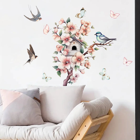Watercolour Flowers Bird House Wall Decal | Kids Room Decor removable peel and stick wall decal by HomeDecorDecals.