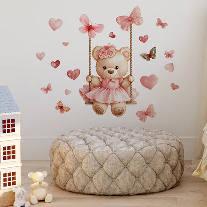Cartoon Bear Swing Butterfly Wall Stickers Child Room Background Decoration Mural Kids Bedroom Home Decor Self-adhesive Decals-HomeDecorDecals_com