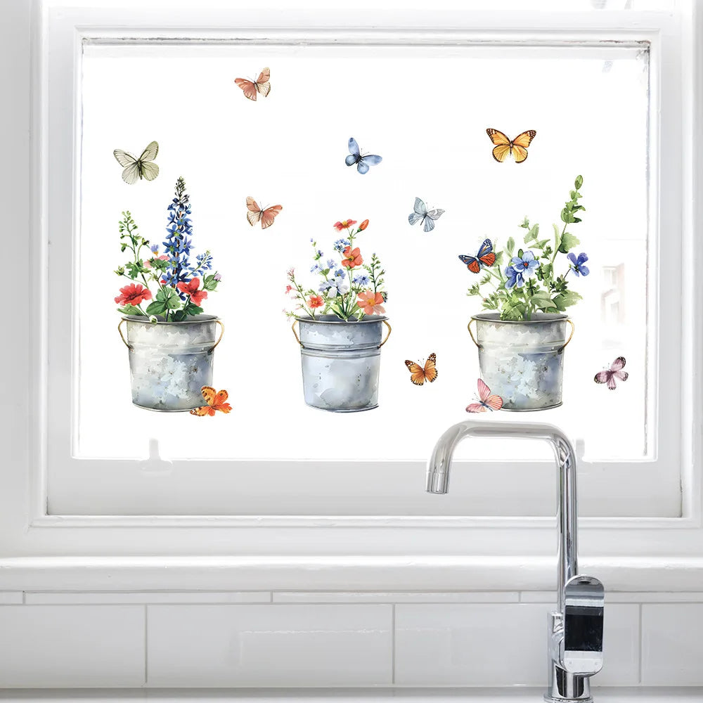 Iron Bucket Flower Pot and Butterfly Wall Decal | Home Decor displayed in room decor by HomeDecorDecals.