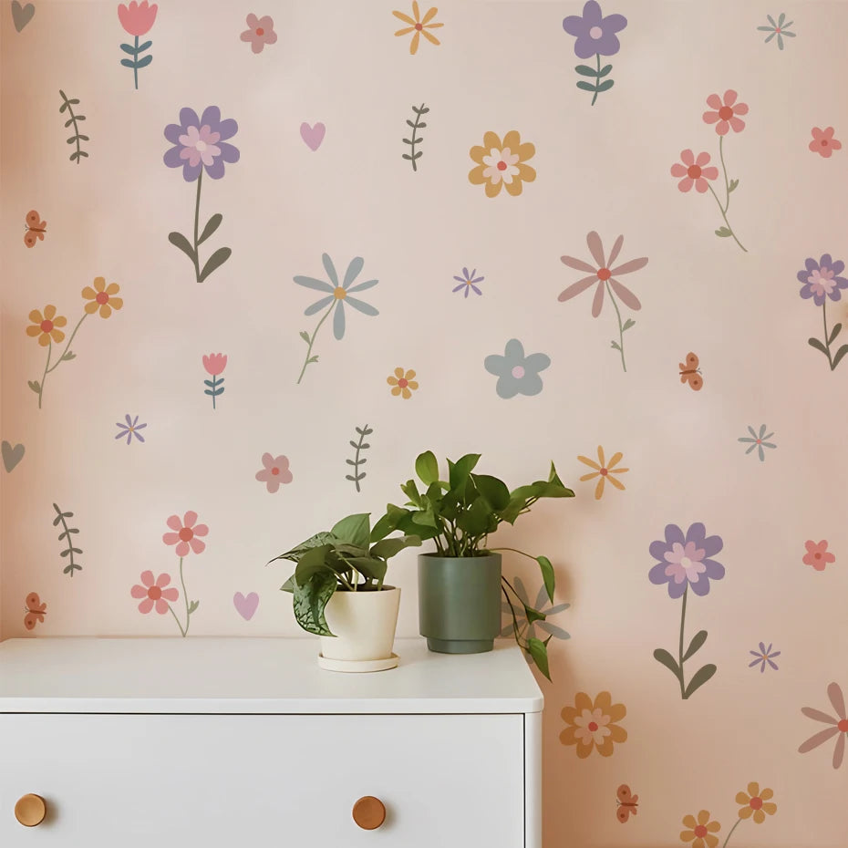 Close-up view of Cartoon Flowers and Leaves Wall Decal | Home Decor by HomeDecorDecals.