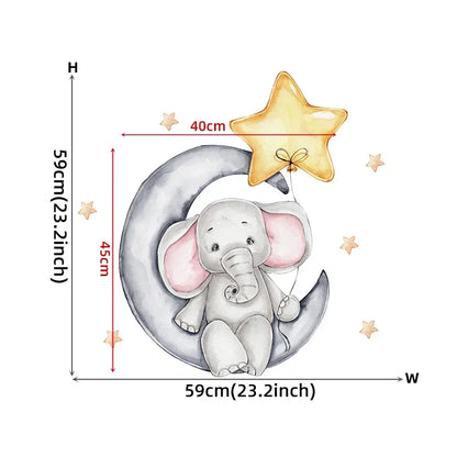 Cartoon Grey Baby Elephant Moon Gold Stars Wall Stickers for Kids Room Decor Nurserry Wall Decals Girl Boy Room Decorative-HomeDecorDecals_com