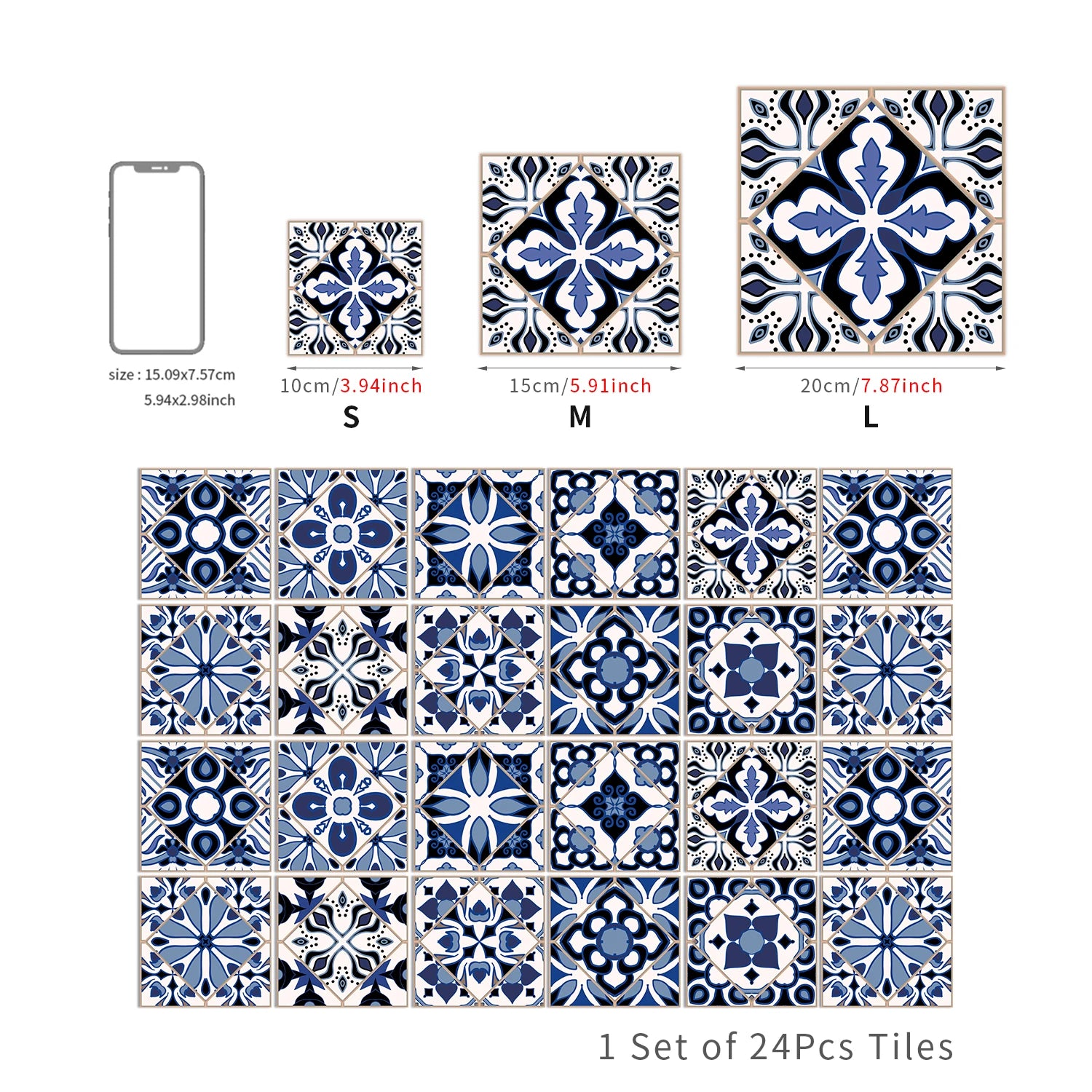 Additional view of Blue Retro Pattern Self-Adhesive PVC Tile Stickers | Home Decor by HomeDecorDecals.