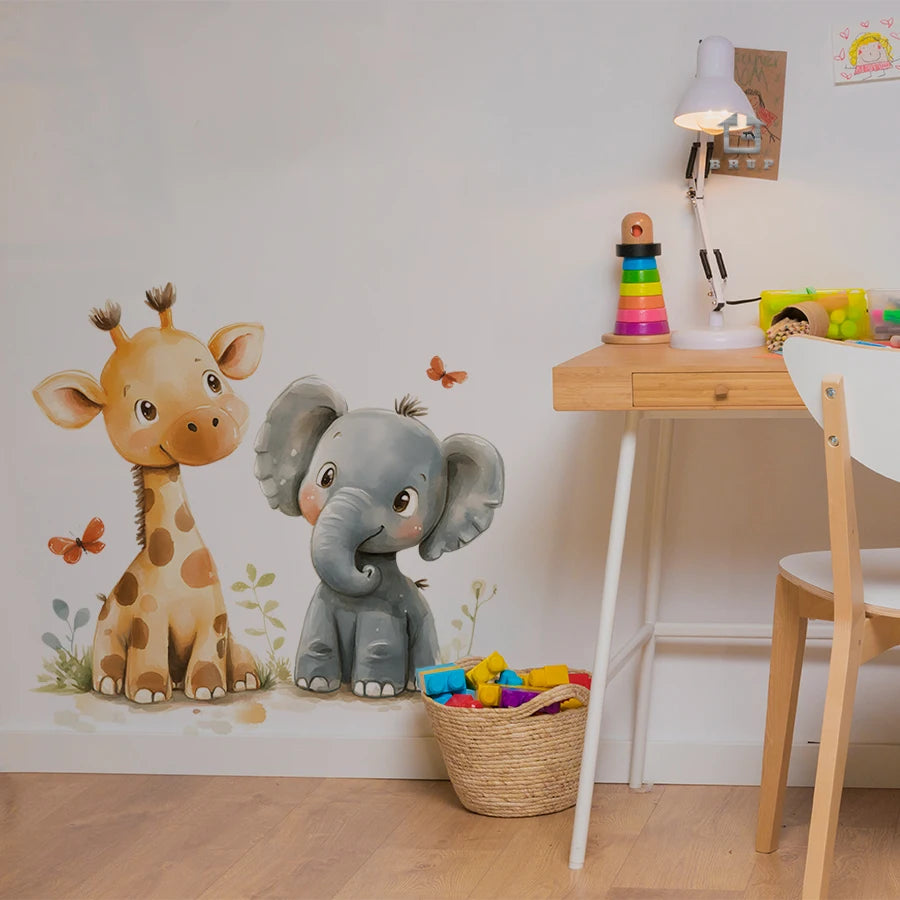 Cartoon Giraffe And Elephant Decal For Kids-HomeDecorDecals_com