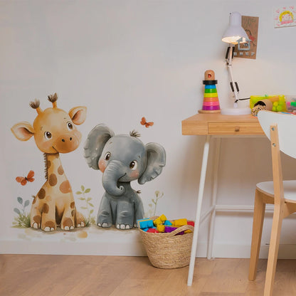 Cartoon Giraffe And Elephant Decal For Kids-HomeDecorDecals_com