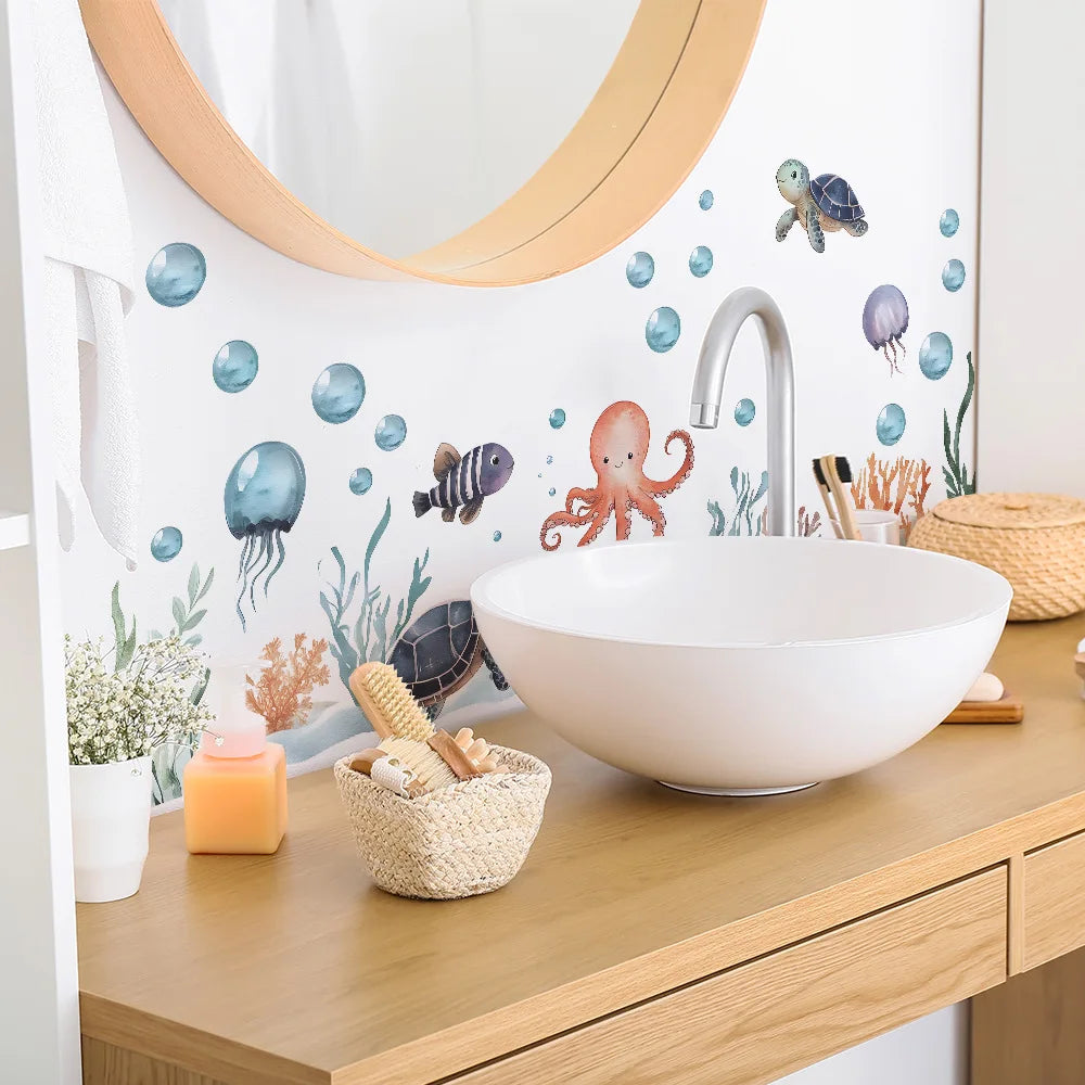 Watercolor Cartoon Ocean Fish Animal Wall Sticker Living Room Bedroom Sea Life Beach Landscape Wall Decal Home Decor-HomeDecorDecals_com