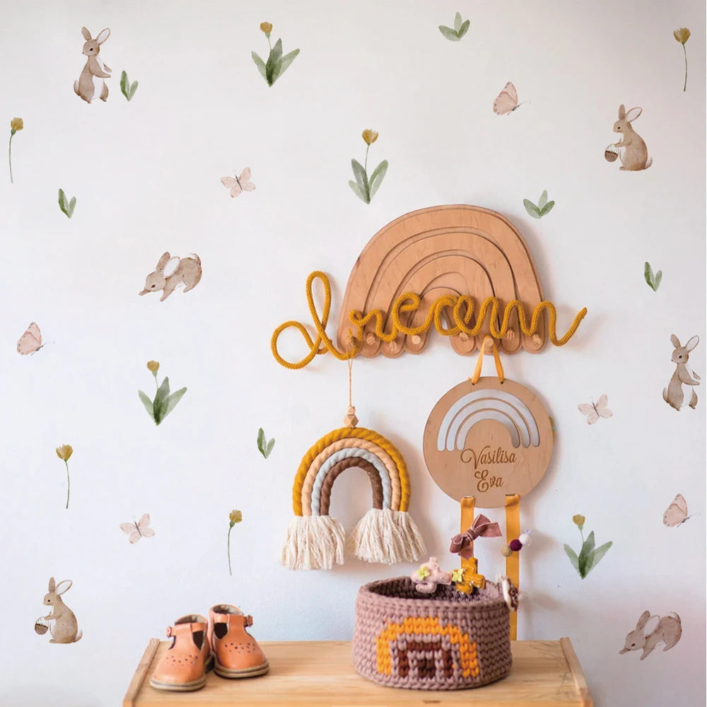 Summertime Watercolor Cute Bunnies and Flowers Nursery Wall Decal, Peel and Stick Reusable and Removable Kids Wall Stickers-HomeDecorDecals_com