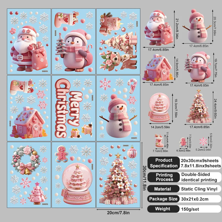 9 sheets/set Green Christmas Window Clings With Santa Penguin Reindeer Tree Static Cling Stickers For Kids' Room Window-HomeDecorDecals_com