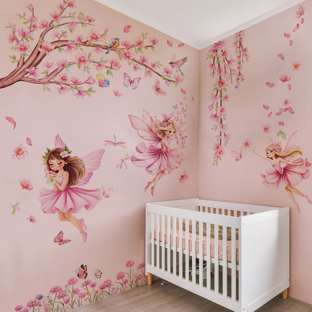 Pink Tree Branches Birds Butterflies Elf Girls Meet Wall Stickers Bedroom Children's Room Home Wall Decoration Self-adhesive-HomeDecorDecals_com