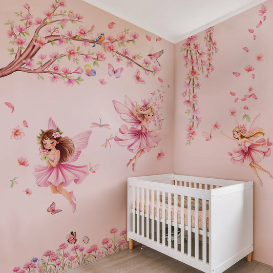 Pink Tree Branches Birds Butterflies and Elf Wall Decal | Home Decor removable peel and stick wall decal by HomeDecorDecals.