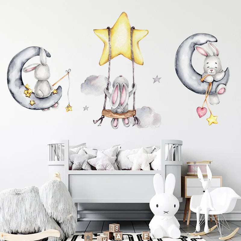 Bunny Baby Nursery Wall Stickers Cartoon Rabbit Swing on the Stars Wall Decals for Kids Room PVC Removable Stickers PVC DIY-HomeDecorDecals_com