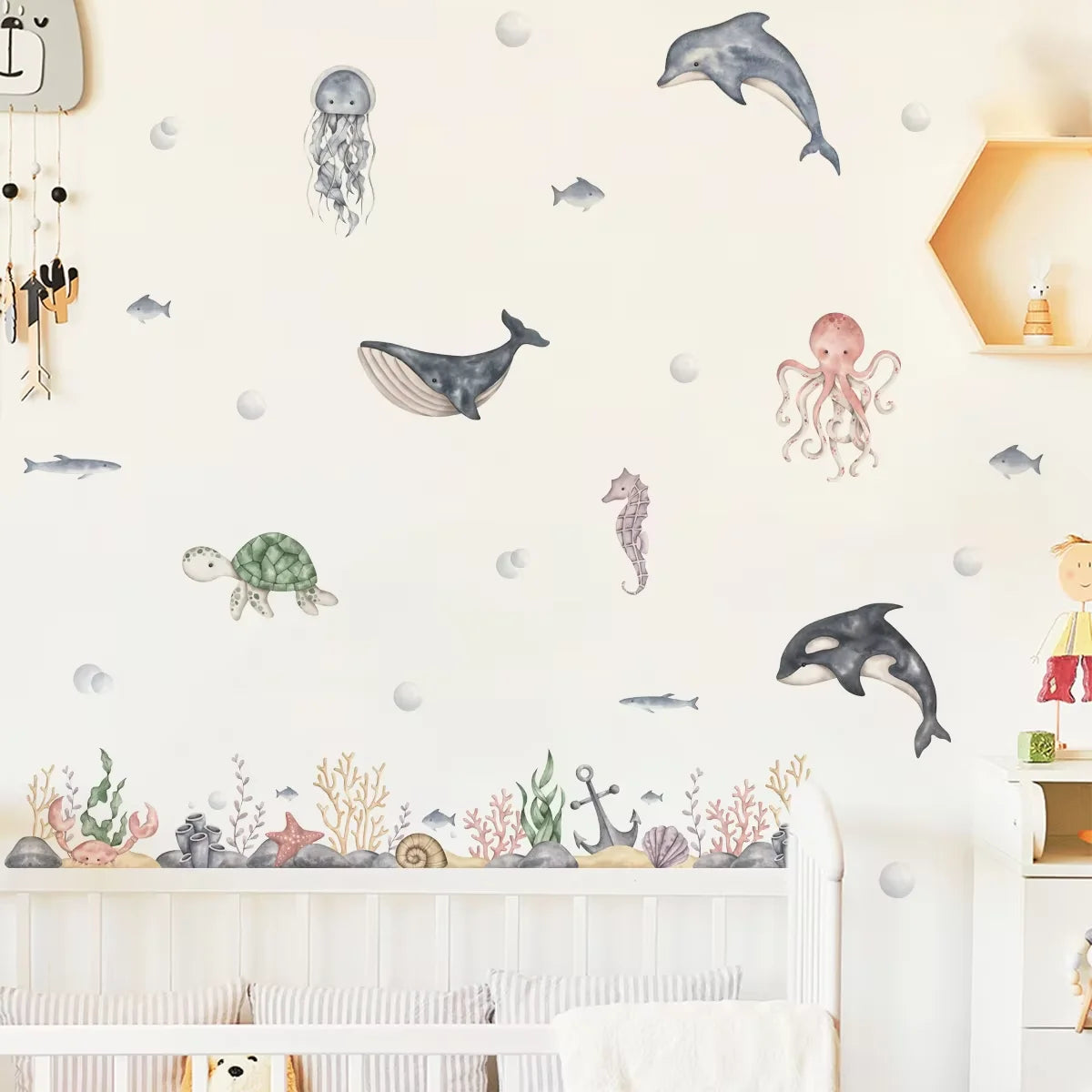 Close-up view of Watercolour Cartoon Cute Marine Animals Wall Decal | Home Decor by HomeDecorDecals.