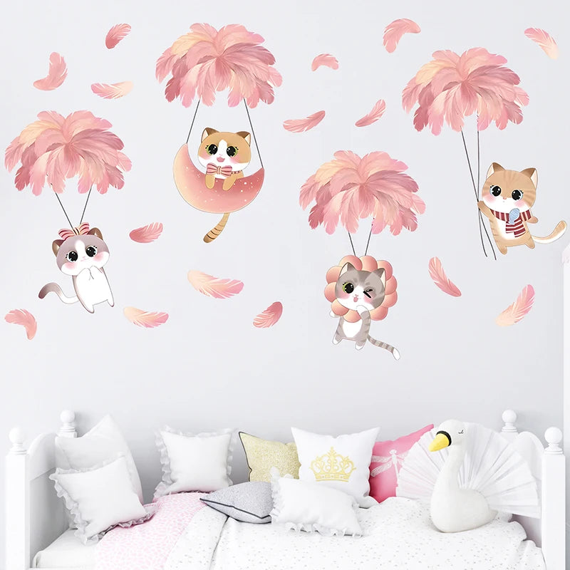 Hand-paint Pink Feather Balloon Cute Cats Cartoon Wall Stickers for Kids Room Baby Nursery Wall Decals Home Decorative Stickers-HomeDecorDecals_com