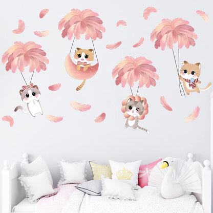 Hand-paint Pink Feather Balloon Cute Cats Cartoon Wall Stickers for Kids Room Baby Nursery Wall Decals Home Decorative Stickers-HomeDecorDecals_com