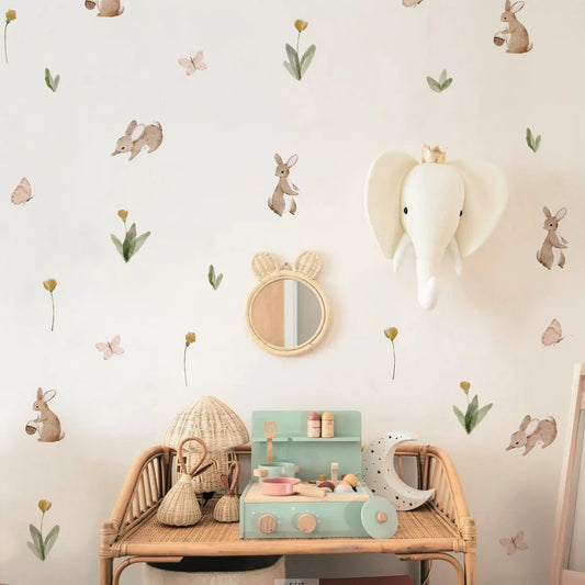 Summertime Watercolor Cute Bunnies and Flowers Nursery Wall Decal, Peel and Stick Reusable and Removable Kids Wall Stickers-HomeDecorDecals_com