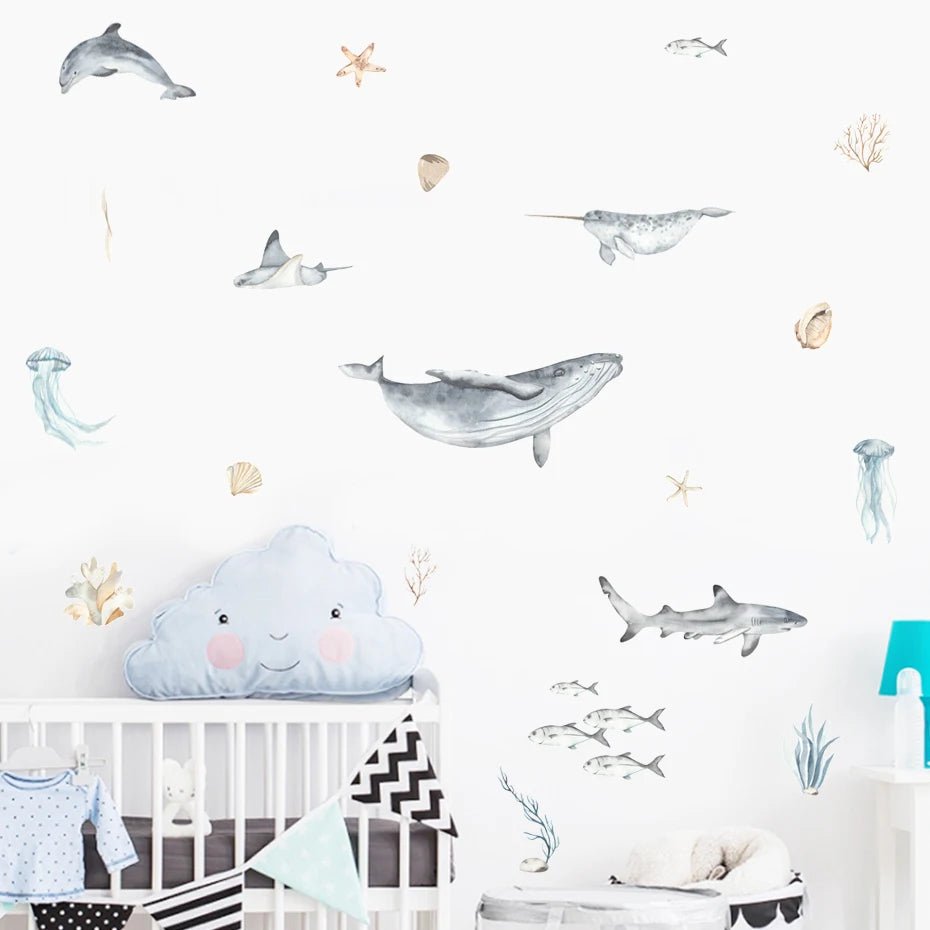 Alternative angle of Cartoon Ocean Animals Wall Decal | Room Decor by HomeDecorDecals.