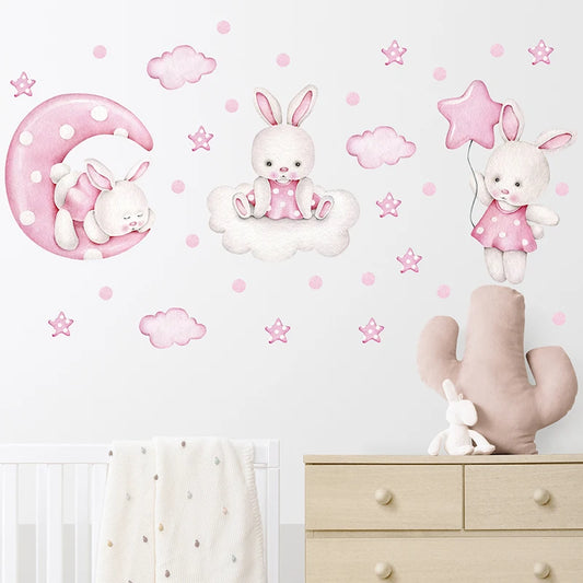 Cartoon Soft Pink Moon Clouds Stars Rabbit Wall Stickers for Children's Room Kids Room Baby Nursery Room Wall Decals Home Decor-HomeDecorDecals_com