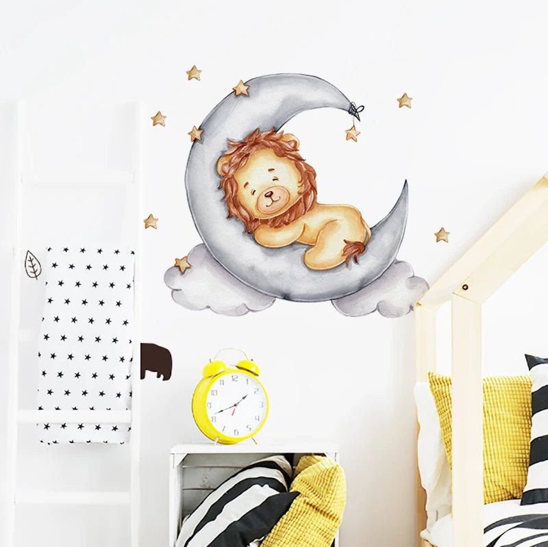 Cartoon Gold Lion Sleeping on the Moon Good Night Wall Stickers for Kids Room Baby Nurery Room Decoration Art Wall Decals Murals-HomeDecorDecals_com