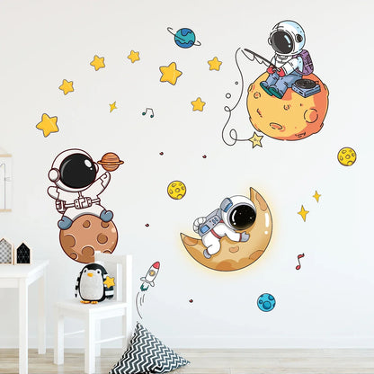 Cartoon Planet Moon Star Astronaut Wall Decal-HomeDecorDecals_com