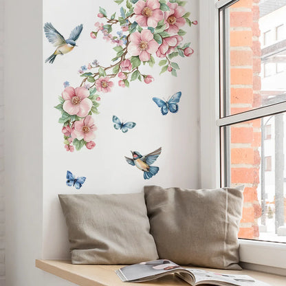 1PCS Watercolor Peach Tree Branches Leaves Bird Butterfly Bedroom Living Room Home Beautify Decorative Wall Stickers-HomeDecorDecals_com