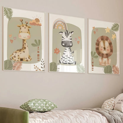 3pcs/set Giraffe Lion and Zebra Animal Canvas Print Safari Wall Art Kindergarten Poster for Modern Living Room Nursery Home Decor-HomeDecorDecals_com