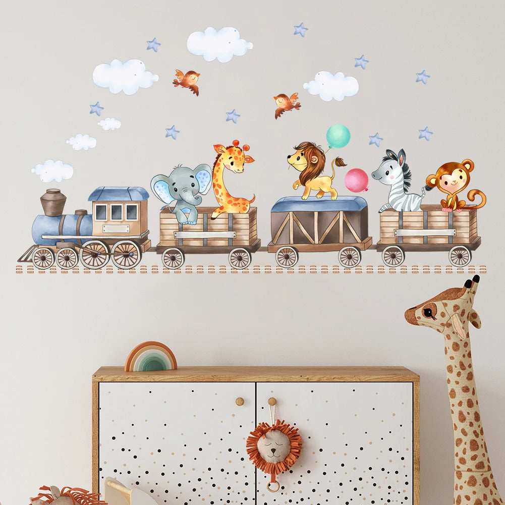 Cartoon Animals Riding On Small Trains Wall Stickers With Movable Stickers For Decorating Posters And Murals In Children's Roo-HomeDecorDecals_com