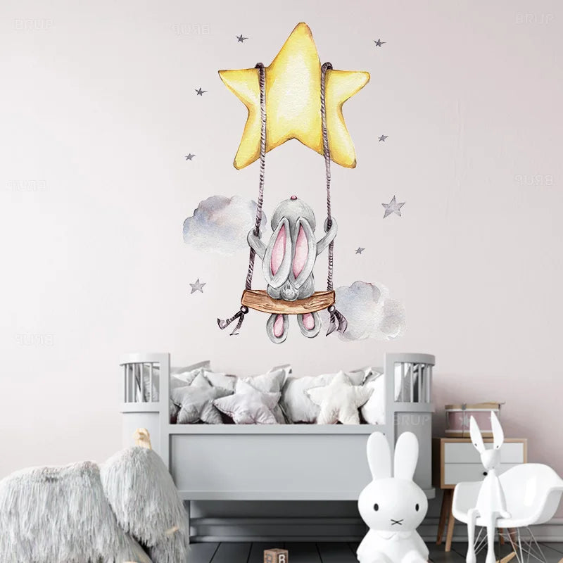 Bunny Baby Nursery Wall Stickers Cartoon Rabbit Swing on the Stars Wall Decals for Kids Room PVC Removable Stickers PVC DIY-HomeDecorDecals_com
