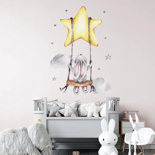 Bunny Baby Nursery Wall Stickers Cartoon Rabbit Swing on the Stars Wall Decals for Kids Room PVC Removable Stickers PVC DIY-HomeDecorDecals_com