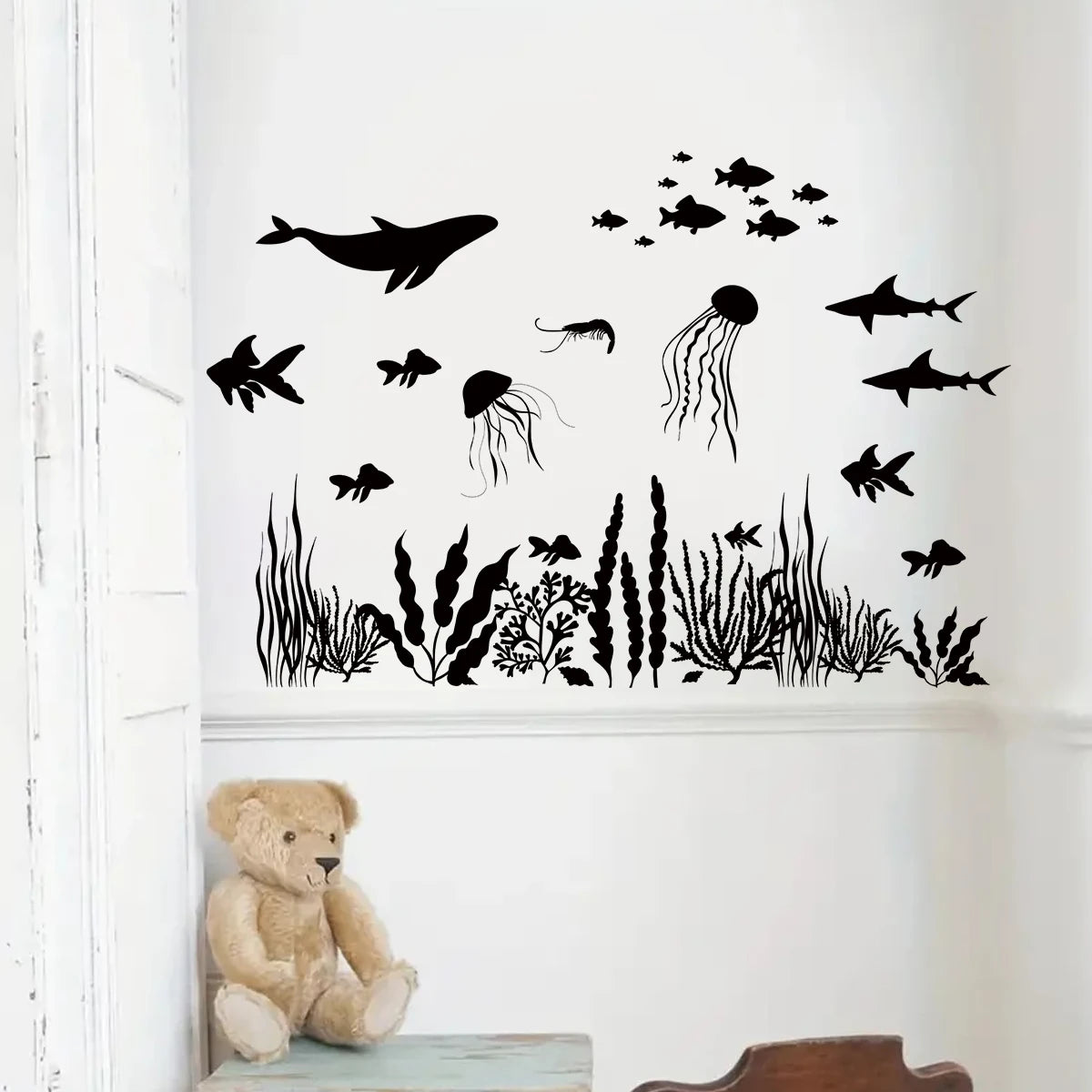 1Pc Marine Animals and Fish Silhouette Wall Stickers for Children's Room Decor Bedroom Wall Decals Kids Living Room Decoration-HomeDecorDecals_com
