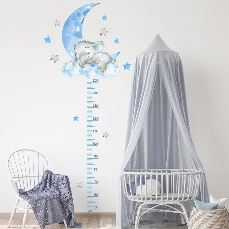 Large Sleeping Elephant Bear Moon Height Measure Wall Stickers for Kids Room Growth Chart Animals Ruller Wall Decals Home Decor-HomeDecorDecals_com