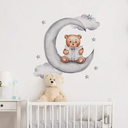 Cartoon Grey Baby Elephant Moon Gold Stars Wall Stickers for Kids Room Decor Nurserry Wall Decals Girl Boy Room Decorative-HomeDecorDecals_com