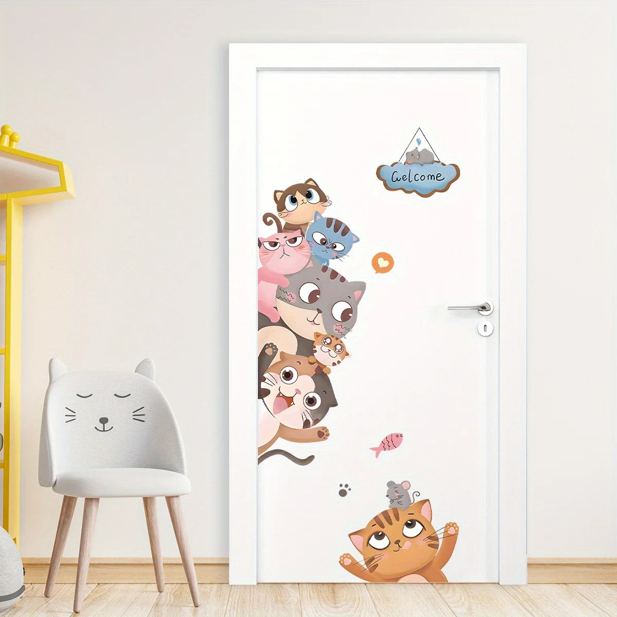 Cute Cat Smiling Face Peeking Animal Door Decal | Home Decor displayed in room decor by HomeDecorDecals.