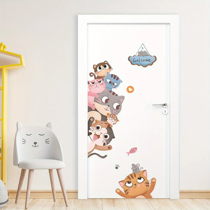 Cute Cat Smiling Face Peeking Animal Door Decal | Home Decor displayed in room decor by HomeDecorDecals.