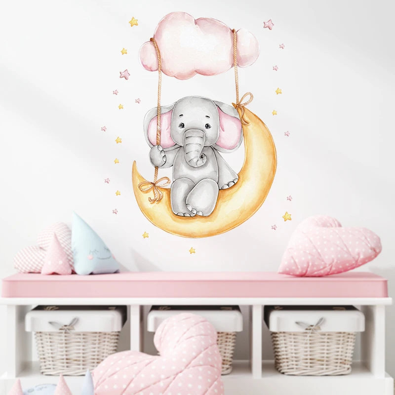 Cartoon Grey Baby Elephant Moon Gold Stars Wall Stickers for Kids Room Decor Nurserry Wall Decals Girl Boy Room Decorative-HomeDecorDecals_com