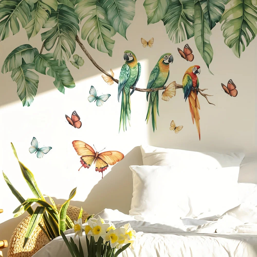 Large Tropical Green Plant Bird Wall Sticker Green Plant Leaves Parrot Butterfly Wall Decal Bedroom Bathroom Kitchen Decor-HomeDecorDecals_com