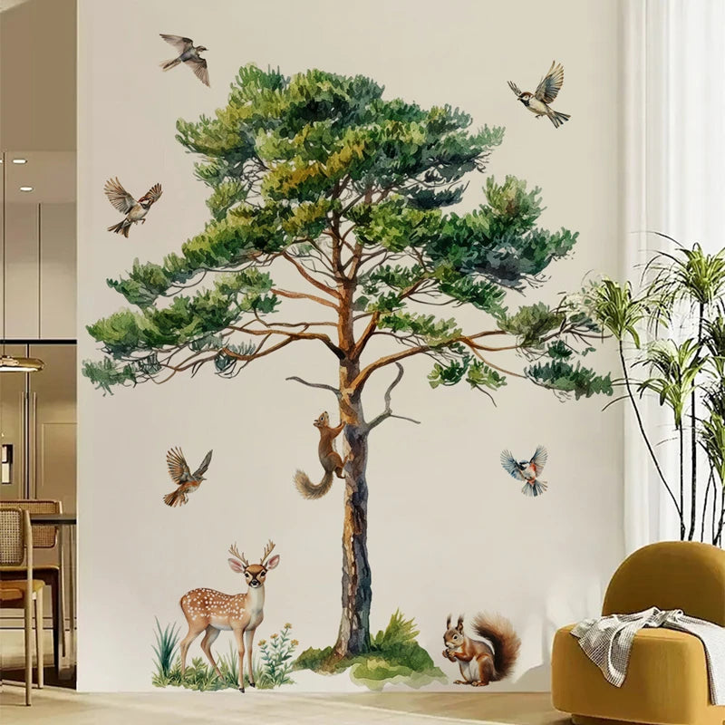 Big Pine Tree Vinyl Wall Stickers for Home Decoration Aesthetic Rooms Porch Fawn Squirrels Flying Birds Forest View Wallpaper-HomeDecorDecals_com