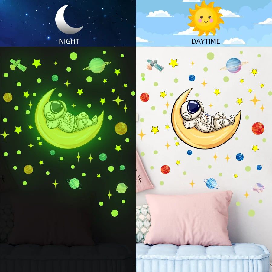 Luminous Astronaut on the Moon Planet Stars Outer Space Wall Stickers Green Light Glow in the Dark Wall Decals Ceiling Bedroom-HomeDecorDecals_com
