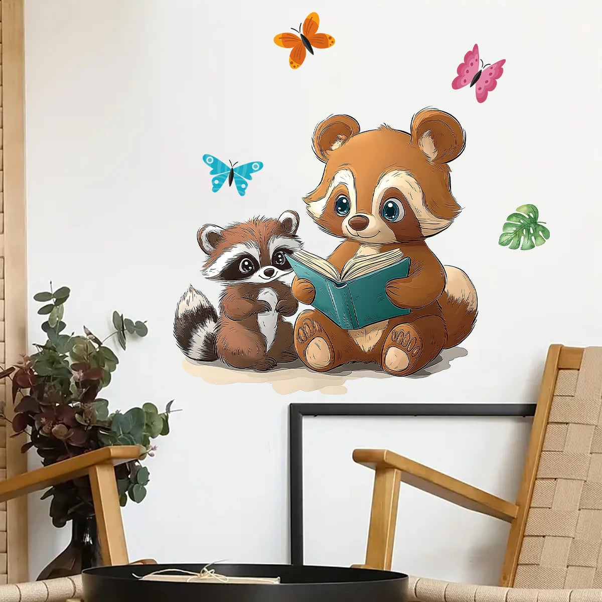 Cartoon Parent Child Raccoon Reading Wall Decal | Room Decor displayed in room decor by HomeDecorDecals.