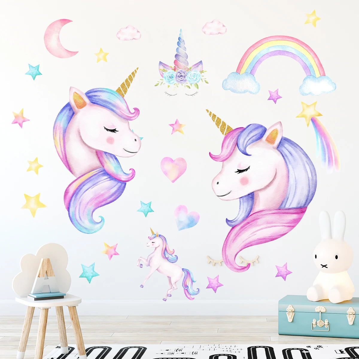 Cartoon Rainbow Moon Stars Unicorn Wall Decals For Kids (2pcs)-HomeDecorDecals_com