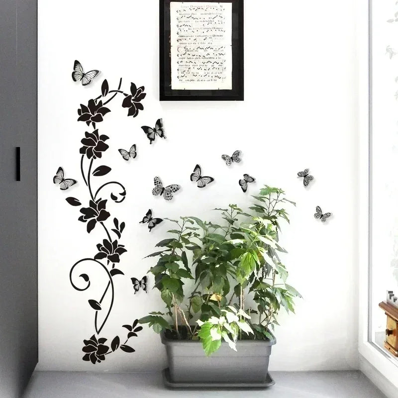 Black Flower Vine and 3D Butterfly Wall Decal | Home Decor design details by HomeDecorDecals.