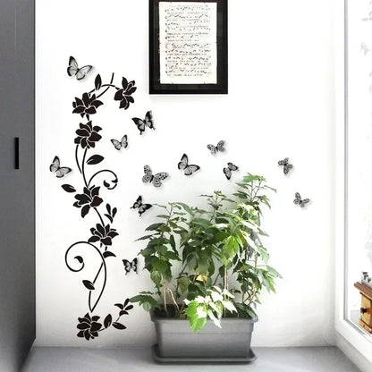 Black Flower Vine and 3D Butterfly Wall Decal | Home Decor design details by HomeDecorDecals.