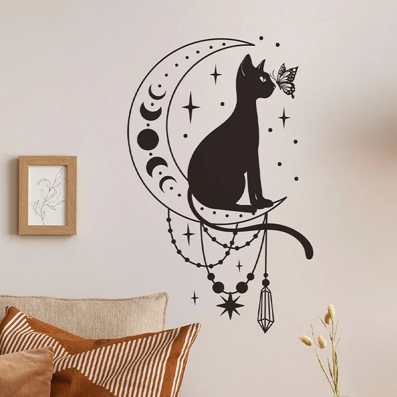 Cartoon Cat Butterfly and Moon Wall Decal | Room Decor by HomeDecorDecals.
