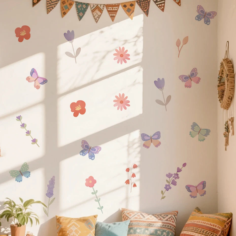 Watercolour Butterfly and Flowers Cartoon Wall Decal | Home Decor by HomeDecorDecals.