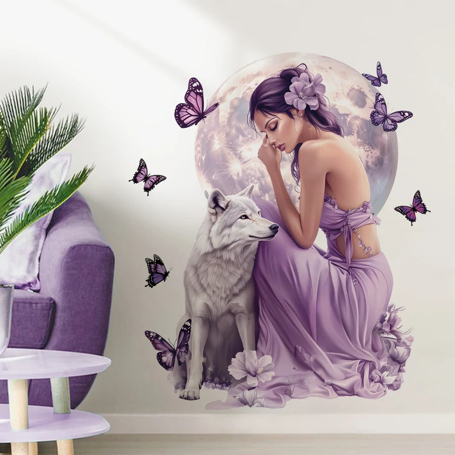 Girl Moon And Butterflies Wall Sticker for Kids Room-HomeDecorDecals_com