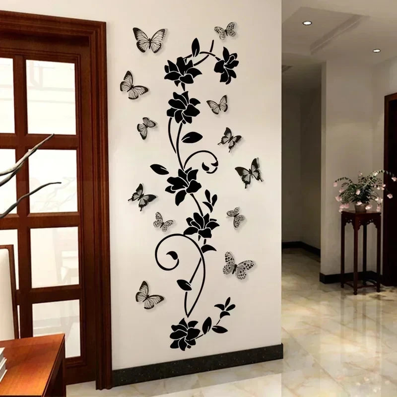 Black Flower Vine and 3D Butterfly Wall Decal | Home Decor by HomeDecorDecals.