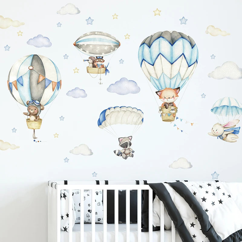 Watercolor Animals BalloonWall Stickers for Children's Room Blue Color for Kids Room Baby Nursery Room Wall Decals Boy Room-HomeDecorDecals_com
