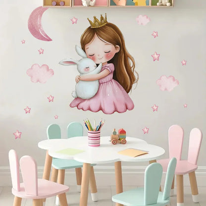 Cute Cartoon Girl Hugging Rabbit Wall Sticker Nursery Kids Room Decor Removable Self-Adhesive Home Art Decal-HomeDecorDecals_com