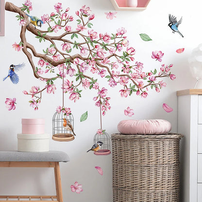 Pink Peach Blossom Bird Wall Sticker PVC Self-Adhesive Floral Wall Decal-HomeDecorDecals_com