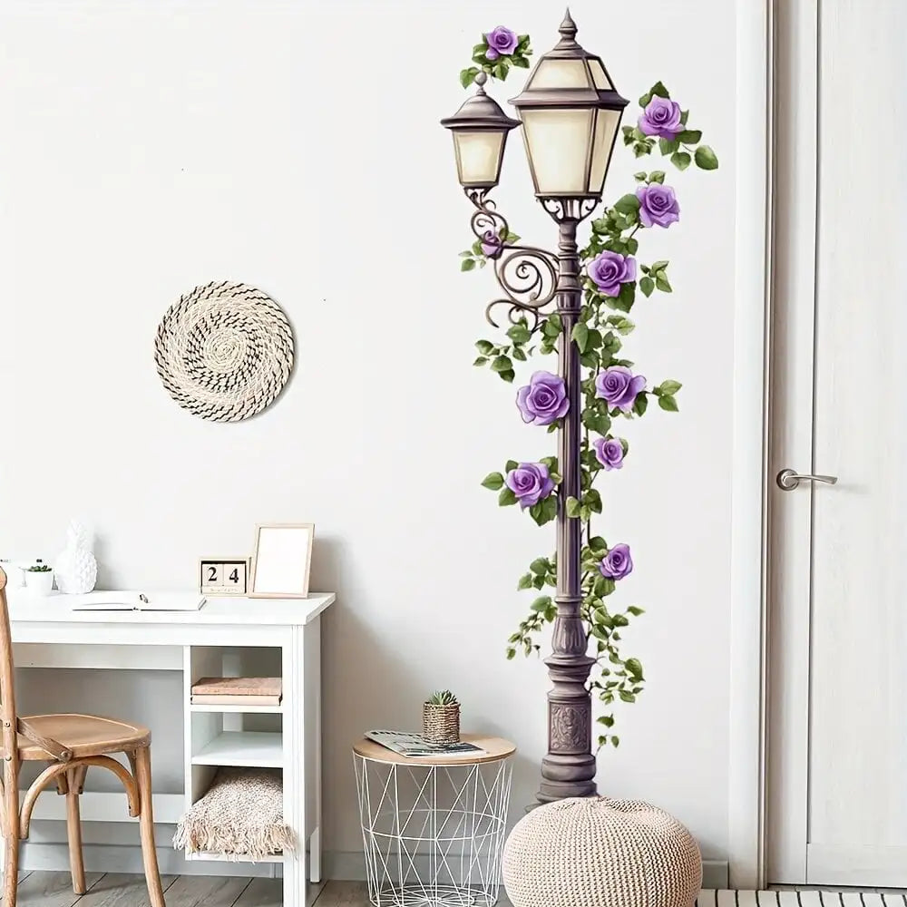 Modern Street Light Flower Vines Wall Stickers Bedroom Living Room Floral Pattern Lamps Wall Decals Playroom Home Decor-HomeDecorDecals_com