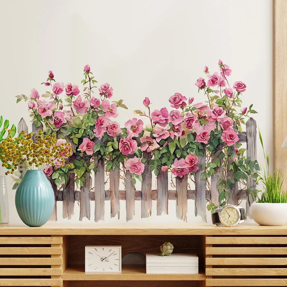 Pink Rose Fence Flowers Wall Decal | Home Decor design details by HomeDecorDecals.